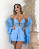 Conjunto Bleu de France Camisola + Calcinha + Robe em Tule e Renda