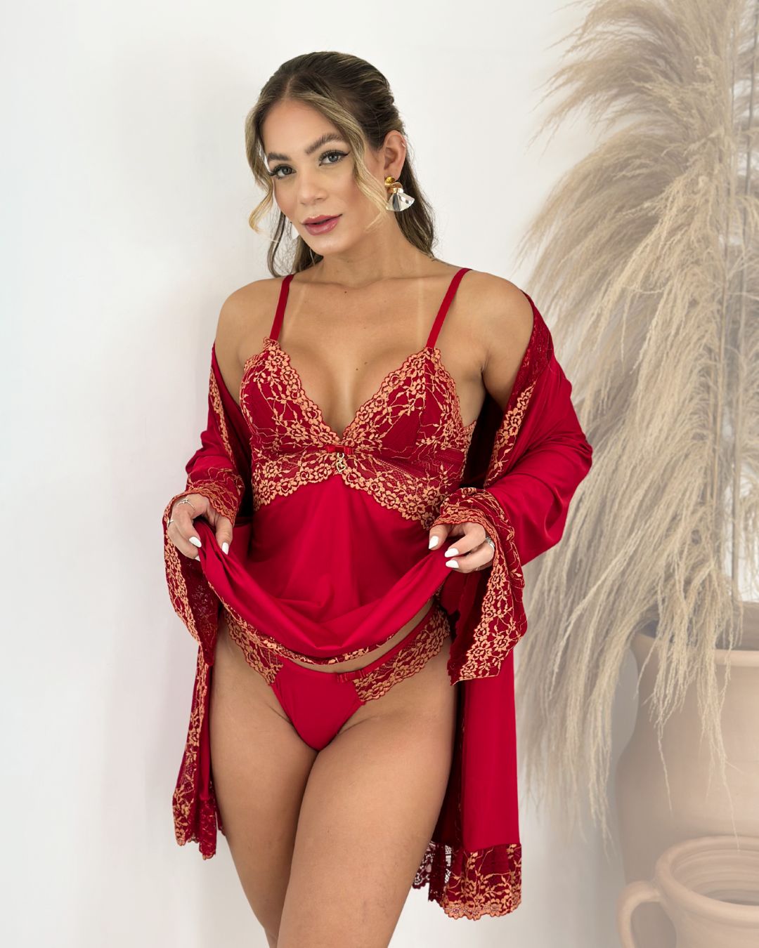 Conjunto Valentino - Camisola + Robe e Calcinha