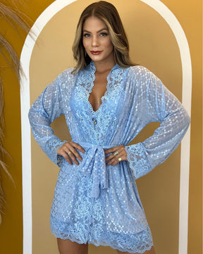 Conjunto Bleu Précieux - Camisola + Robe e Calcinha